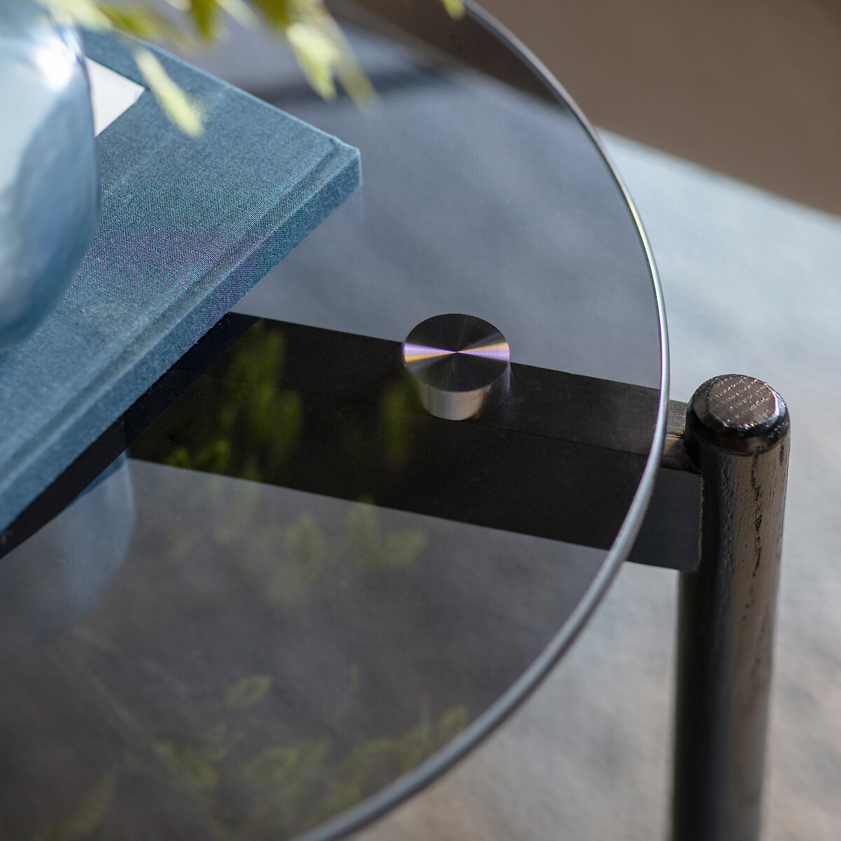 Mumbai Round Glass and Oak Side Table black, SO'HOME
