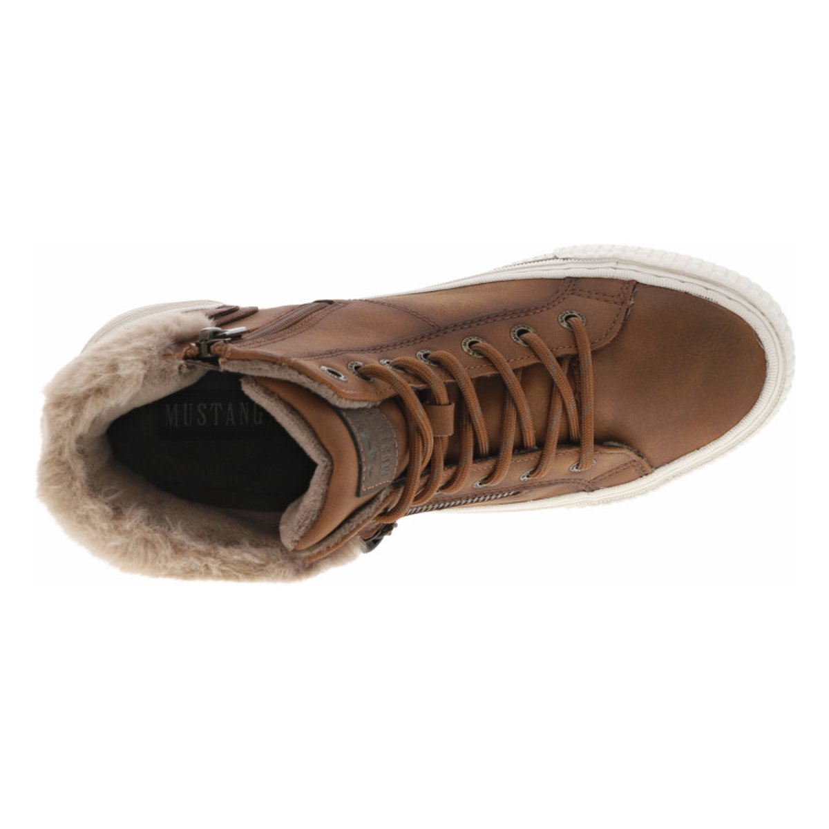 Tennis cognac à talon plat avec un zip latéral et des lacets ronds cognac, MUSTANG