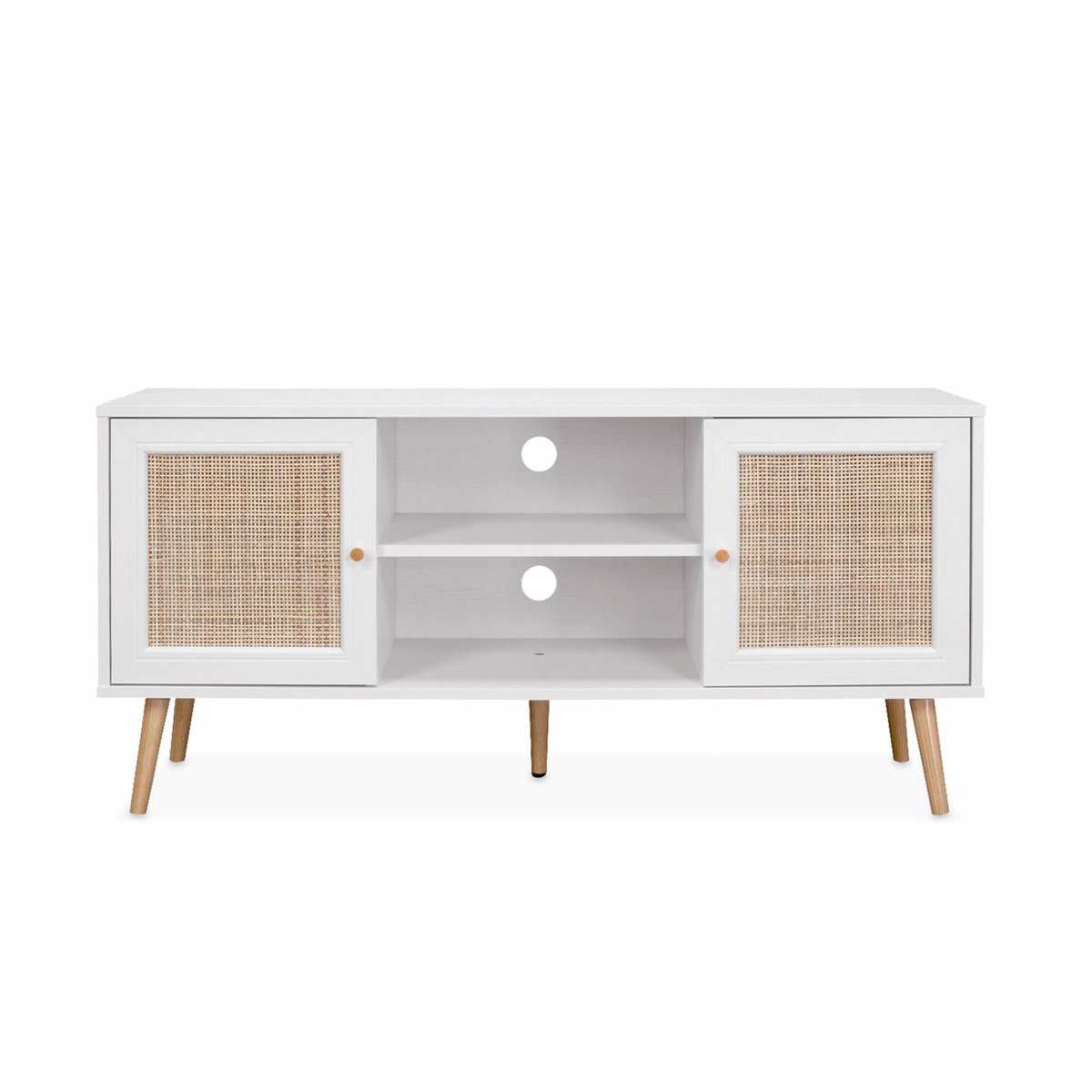 Meuble TV scandinave cannage 2 portes 120cm BOHÈME naturel, SWEEEK