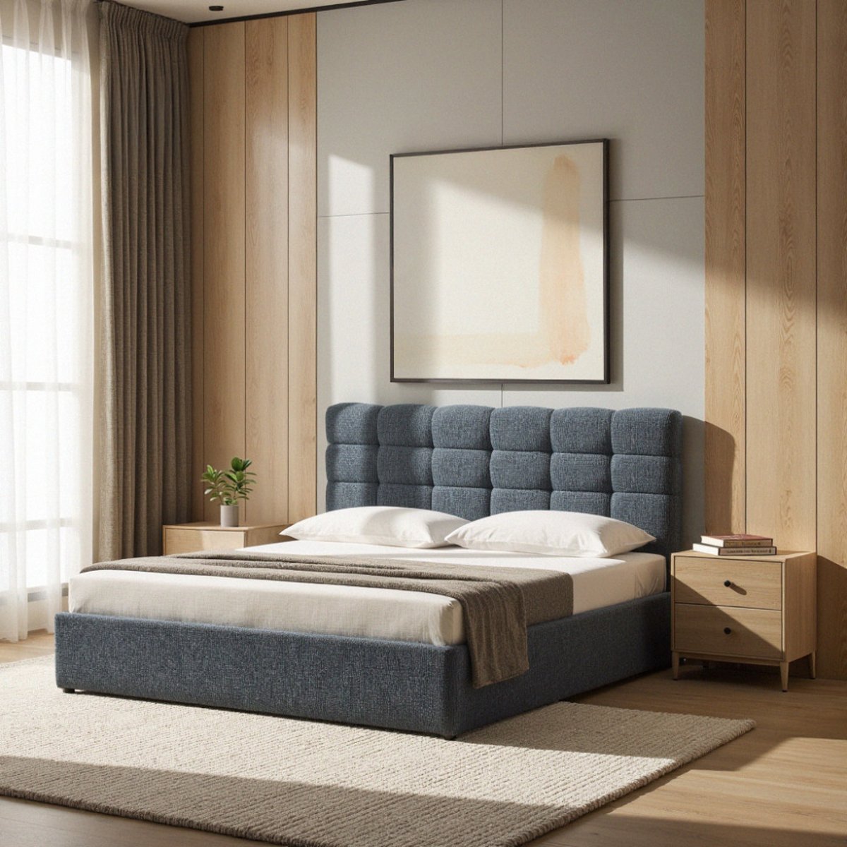 Lit coffre matelassé en tissu 140x190cm- ACARA bleu chiné, DRAWER