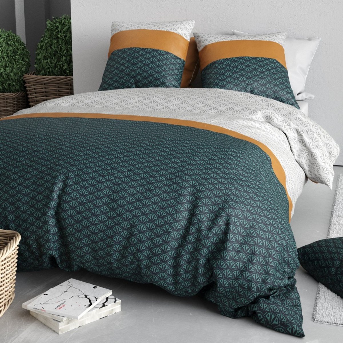 Housse de couette 100% coton 57 fils + 2 taies d’oreiller vert, DECORATIE