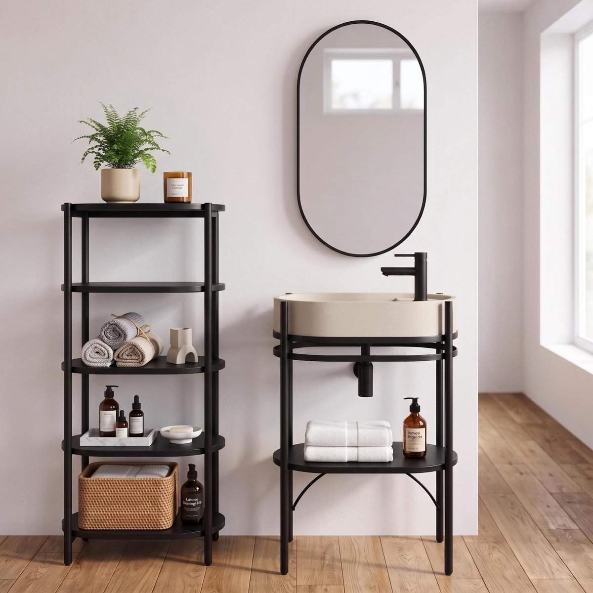 Meuble simple vasque sur pieds 55cm en métal noir et vasque béton et robinet noir, miroir et colonne beige, MOB IN