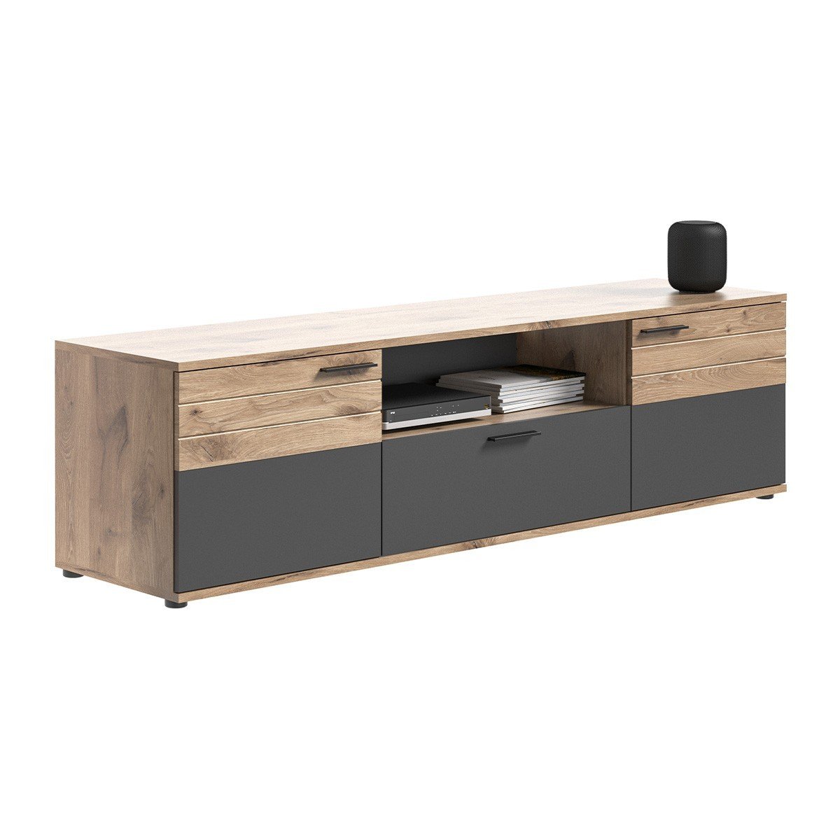 Meuble TV 2 portes et 1 niche L194 cm - MASON chene brosse/noir mat, CALICOSY