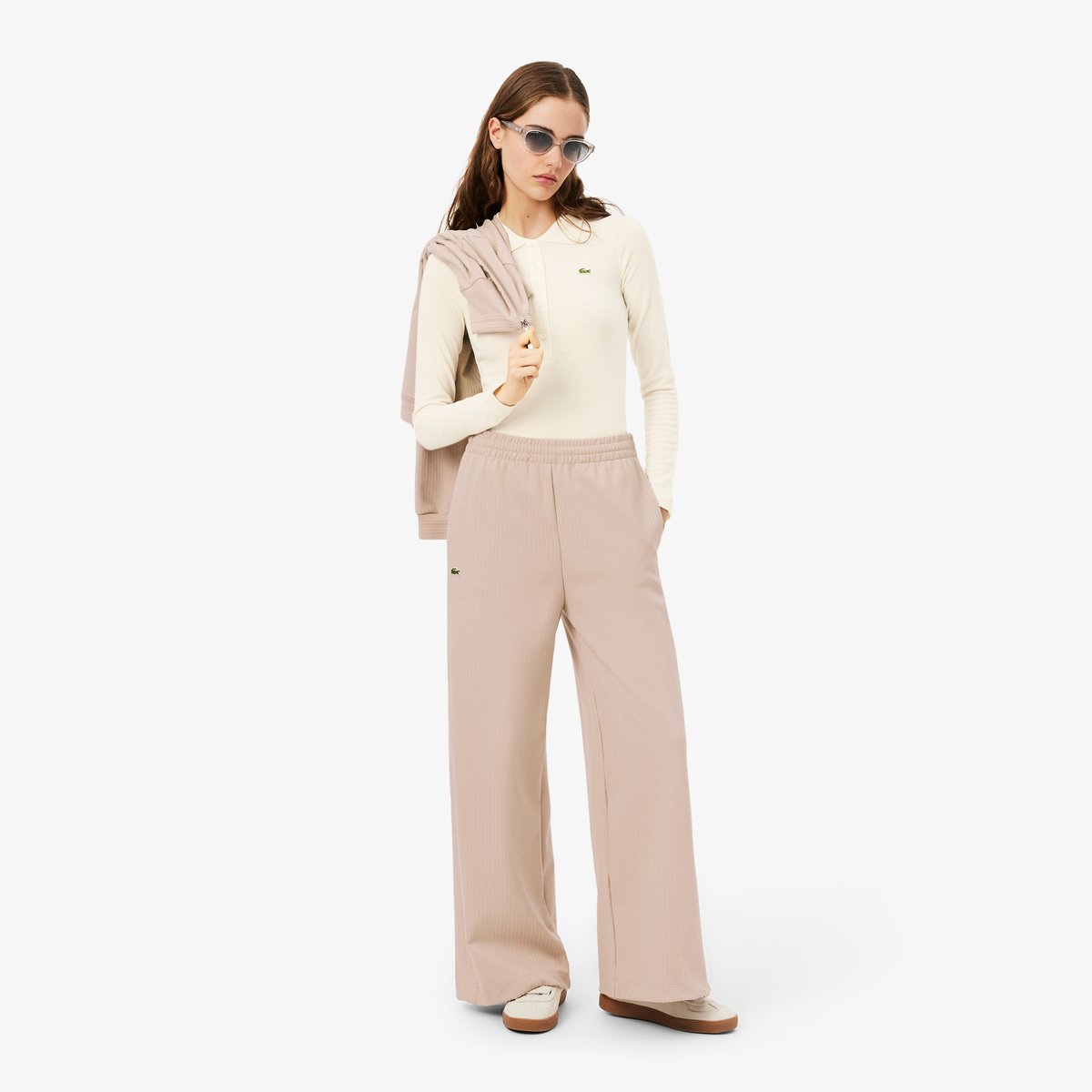 Polo manches longues maille côtelée slim fit beige-xfj, LACOSTE