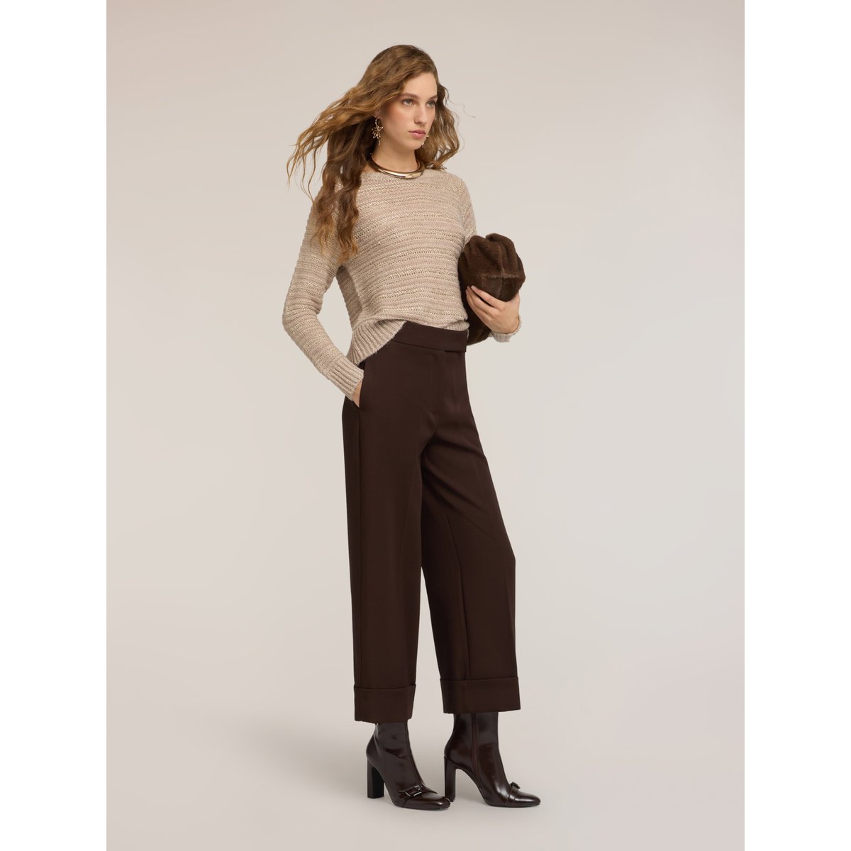 Pull rayé en maille ajourée beige, MOTIVI