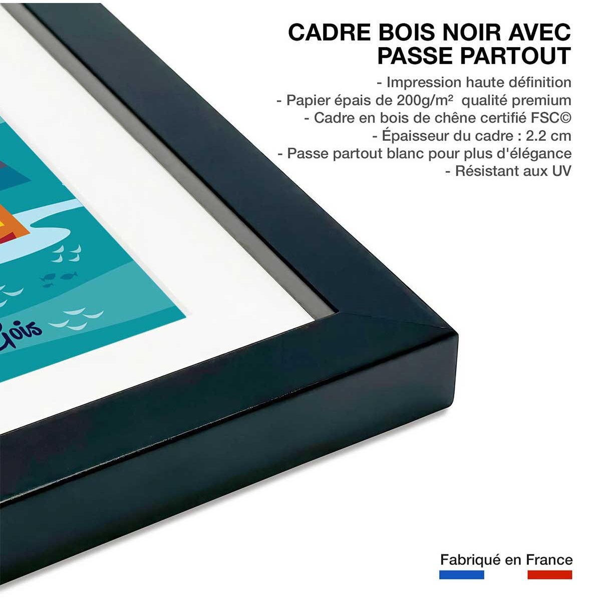 Affiche Noirmoutier affiche + cadre en bois - noir, HEXOA