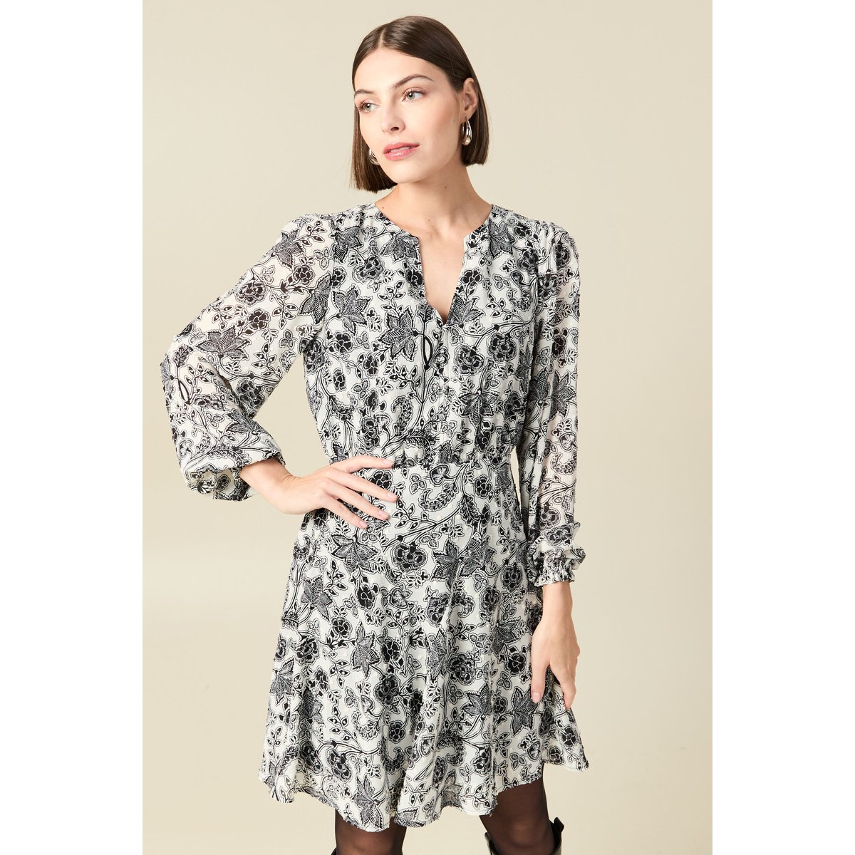 Robe fluide col v manches longues blanc, BONOBO