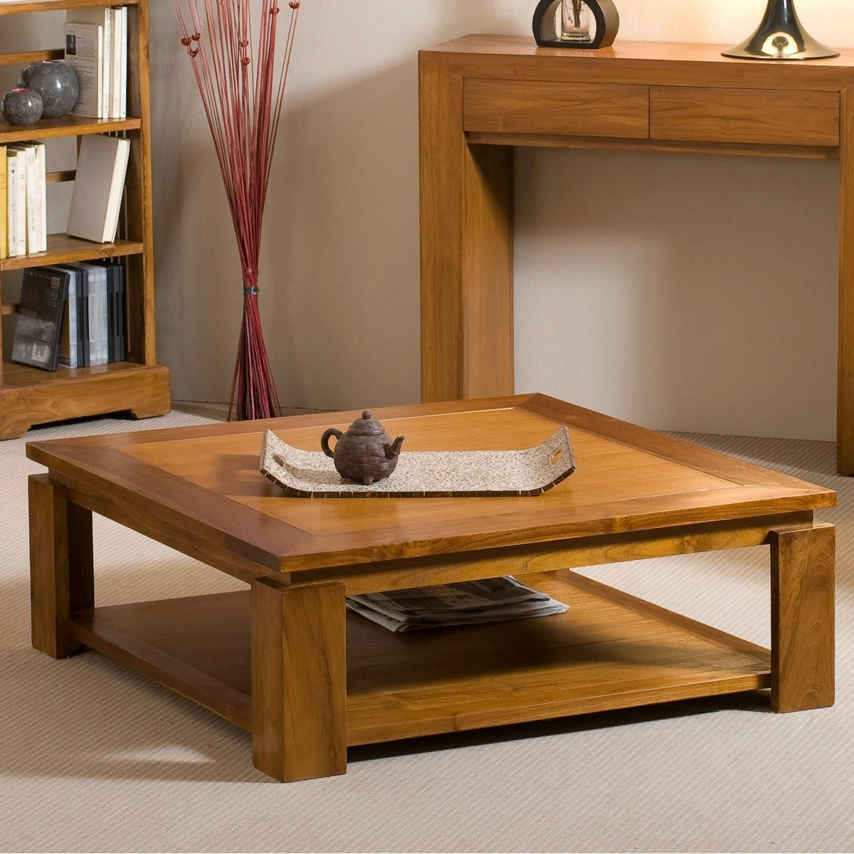 Table basse exotique carrée 90cm double plateau bois teck verni BISHO bois naturel, PIER IMPORT