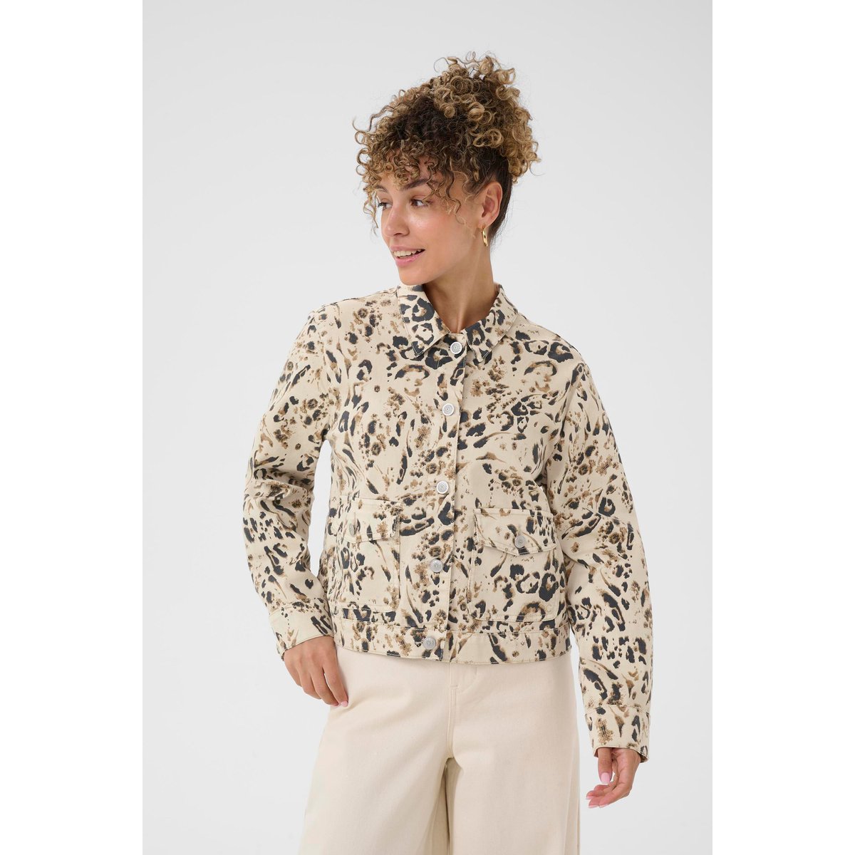 Veste en jean beige oatmeal leopard, CREAM