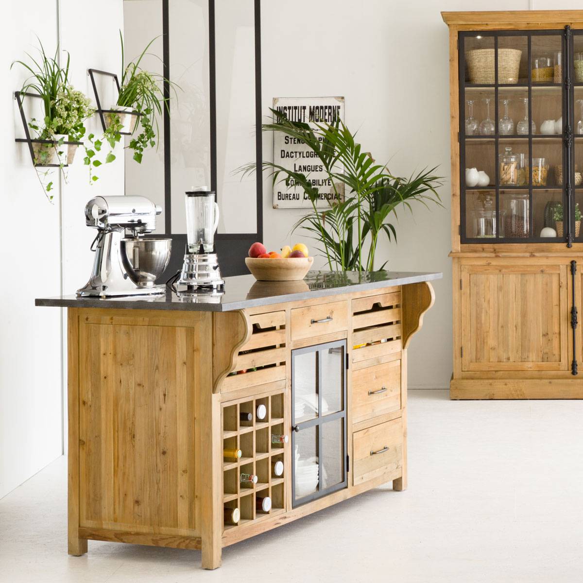 Îlot central en bois recyclé CHAMPÊTRE bois clair, MADE IN MEUBLES 