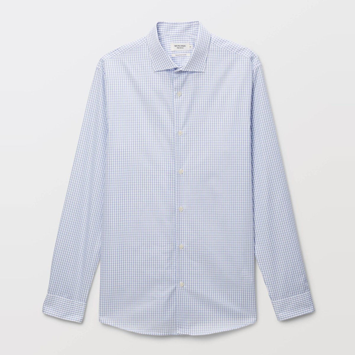 Chemise ville à carreaux col italien en coton blanc, MONOPRIX