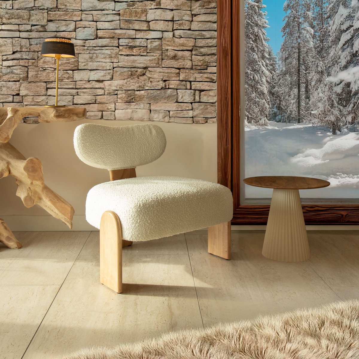 Fauteuil effet bouclette et structure en bois, HELLA blanc-naturel, NOW'S HOME