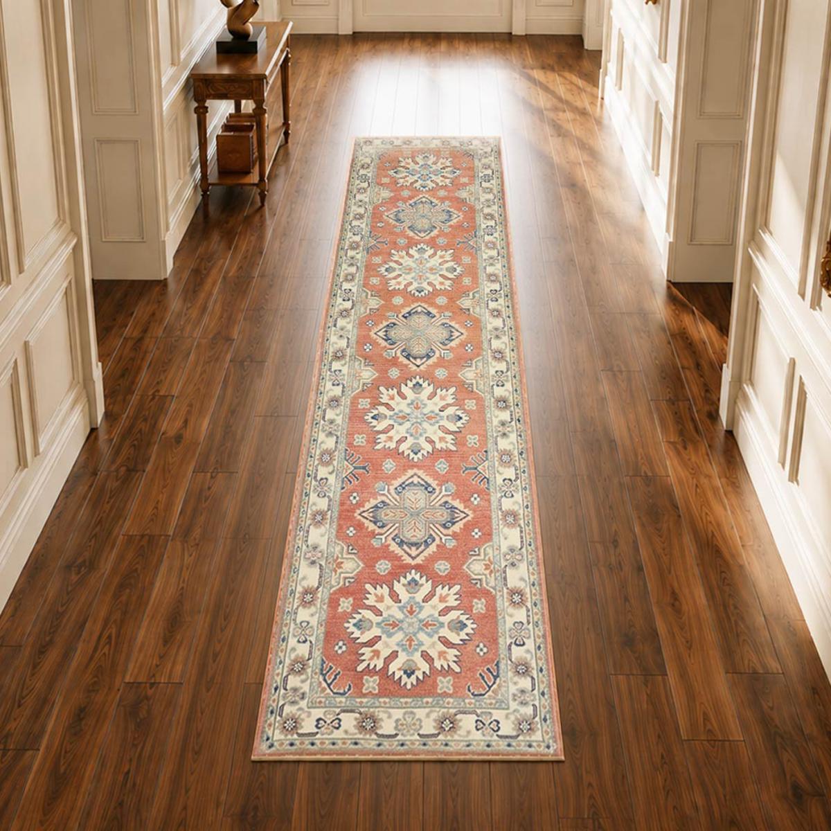 Tapis d'orient aux motifs géométriques, noué main, KAZAK CO 120 terracotta, crème, bleu, UN AMOUR DE TAPIS