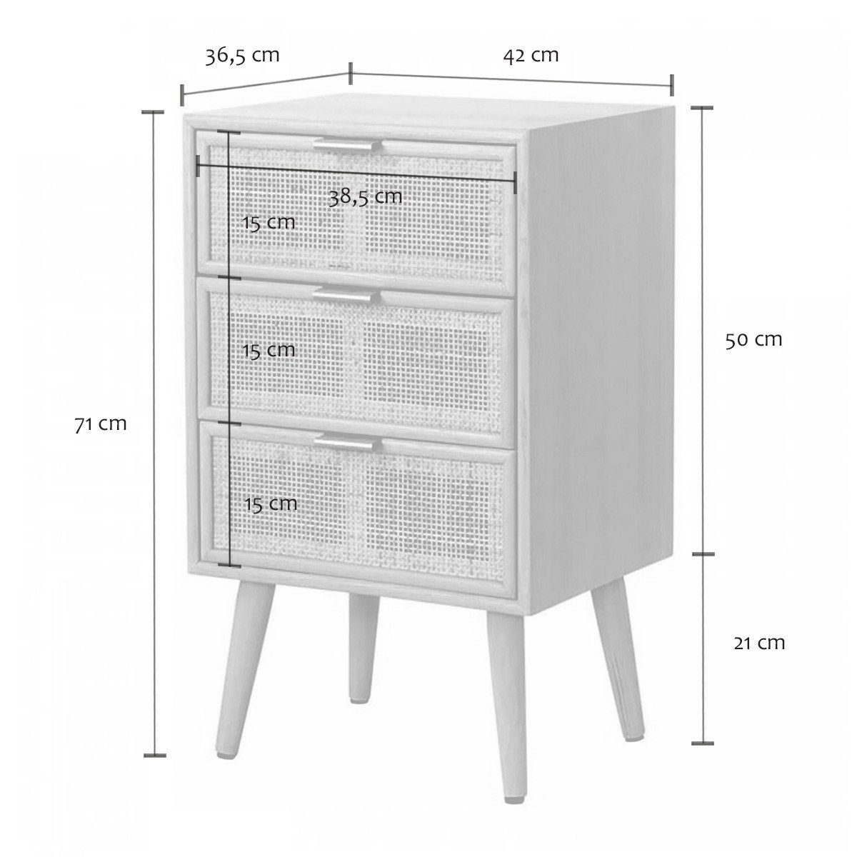 Table de chevet 3 Tiroirs Façade en Cannage Rotin Naturel - MIYA bois clair, CALICOSY