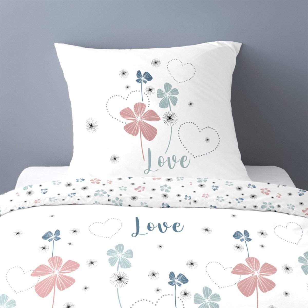 Housse de couette 140x200 Love Tiana + taie polycoton blanc, DECORATIE