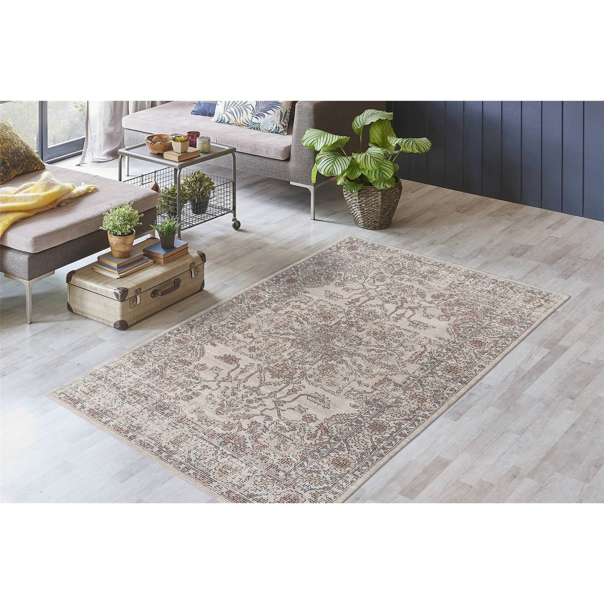 Tapis coton tissé plat style oriental vintage beige sable patiné à touches rosées, ARTE ESPINA