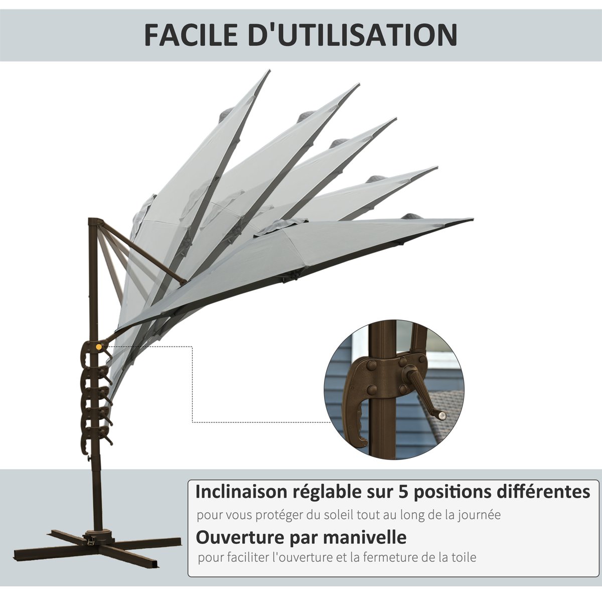 Parasol de terrasse à pied déporté Polyester gris, OUTSUNNY