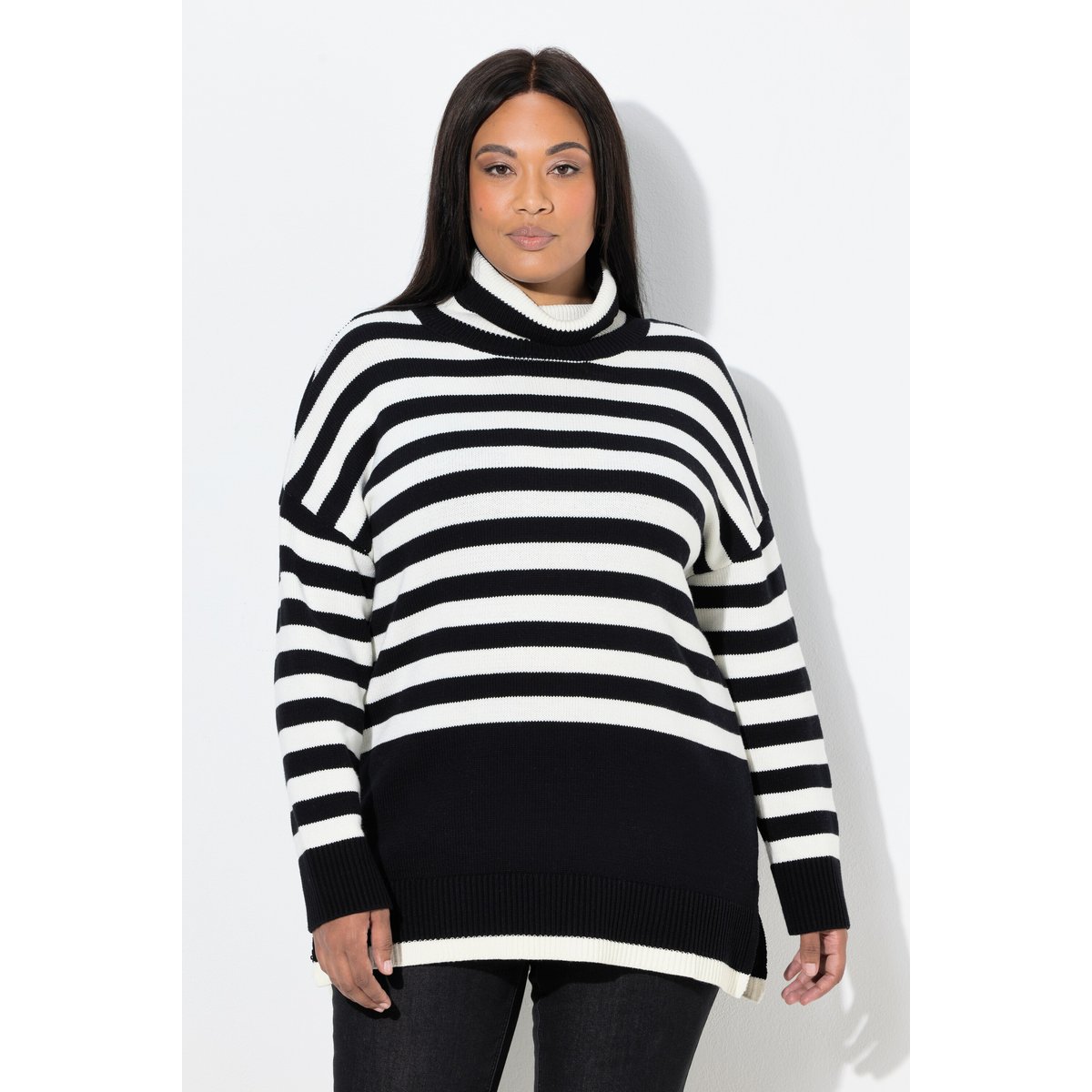 Pull rayé à manches longues et col montant noir, ULLA POPKEN