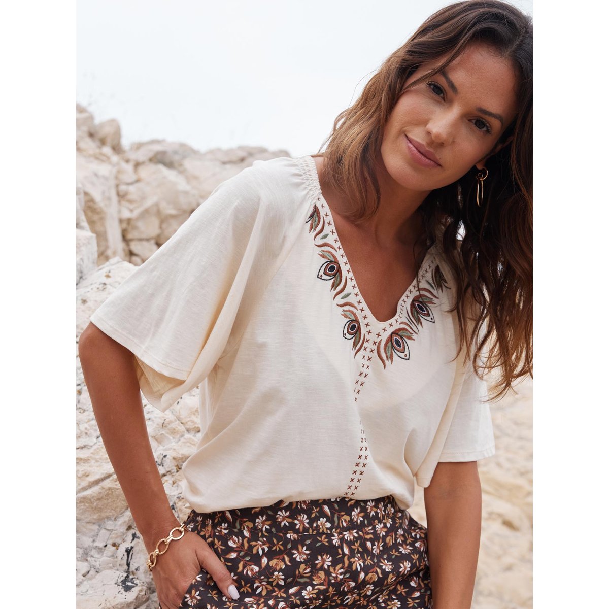 Tee-shirt V manches papillon ecru, DAXON