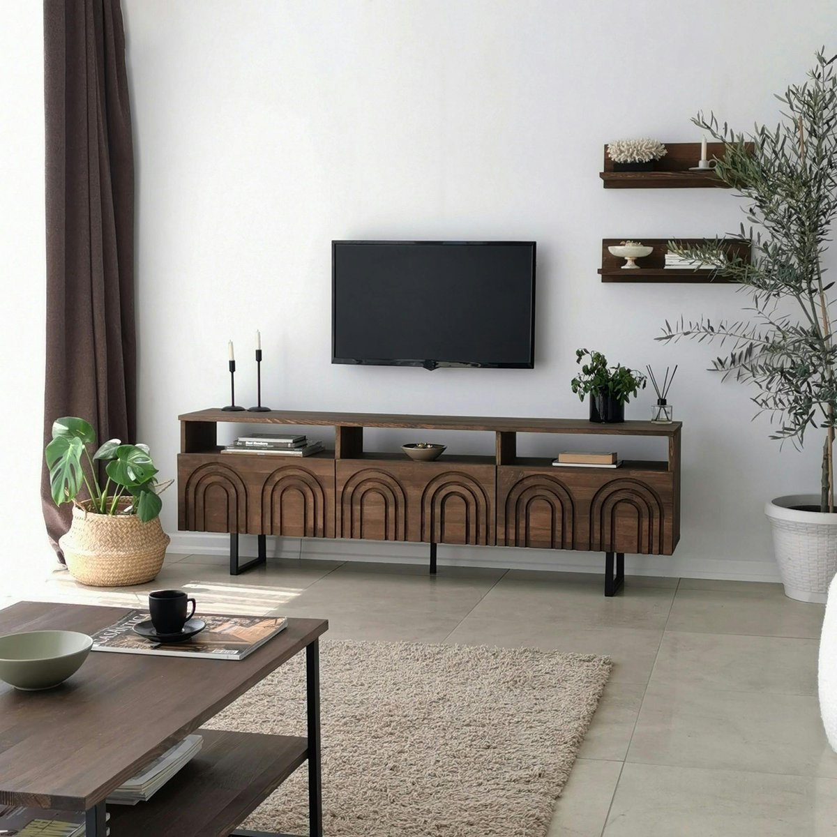 Meuble TV bois brun motif arches avec 2 étagères JACA bois naturel, PIER IMPORT