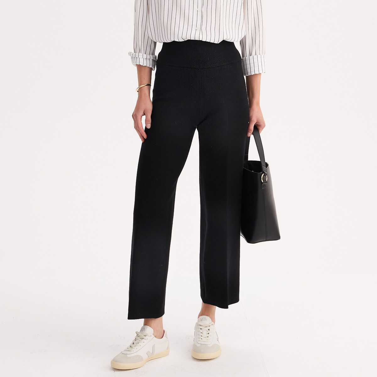 Pantalon large, 7/8ème, maille tricot noir, ANNE WEYBURN