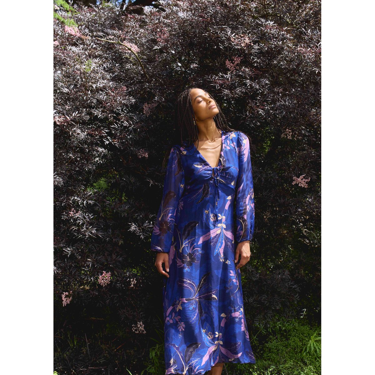 Robe longue en voile viscose/soie à imprimé bleu stone, LA FEE MARABOUTEE
