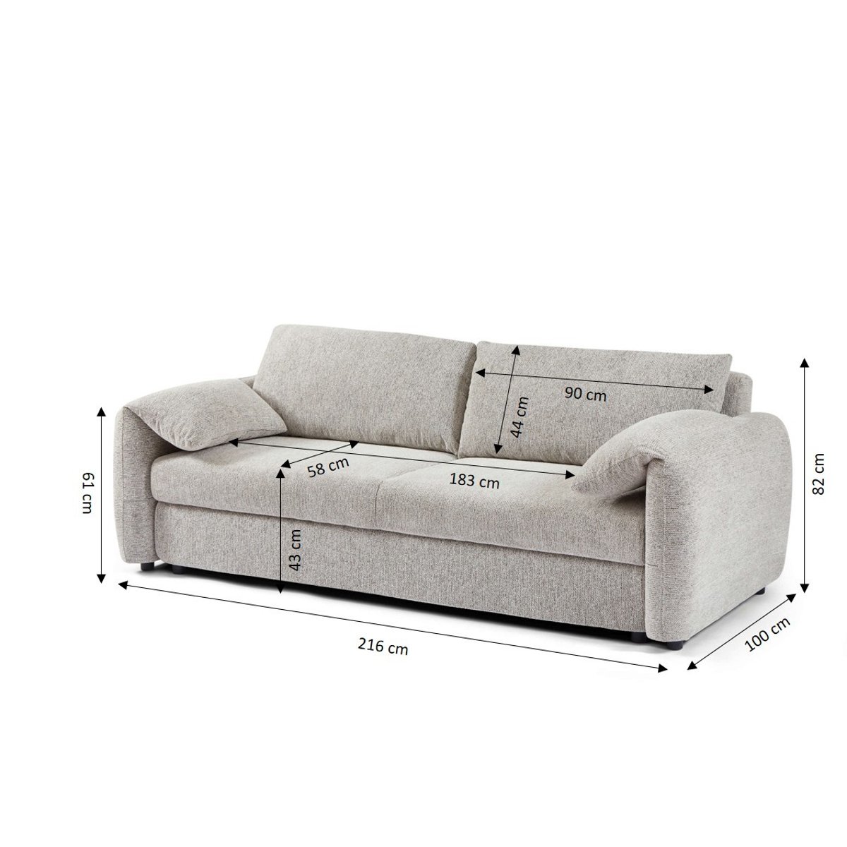 Canapé droit convertible chenille tramé ANGEA beige, BAÏTA