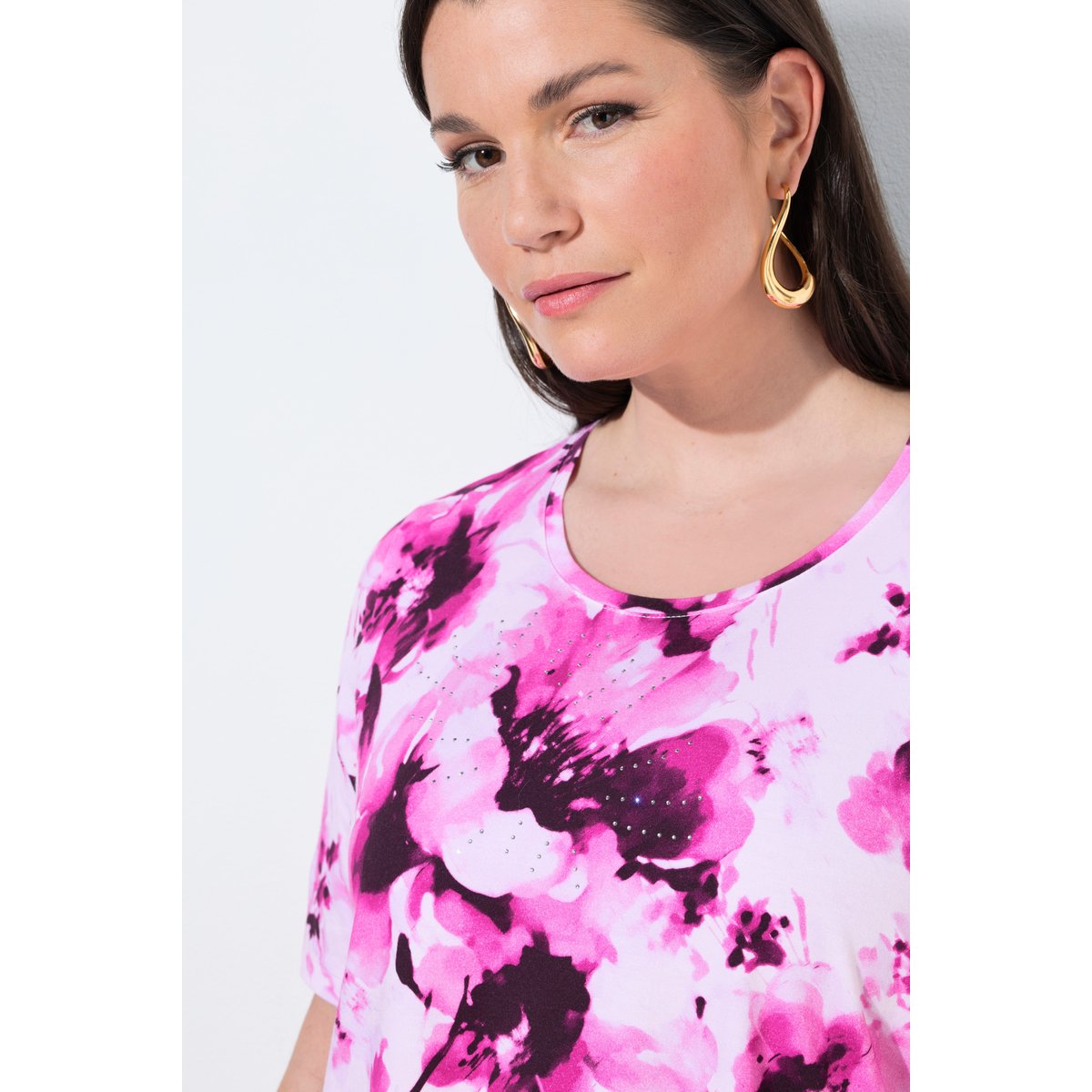 T-shirt en coton Pima, motif à fleurs vieux rose, ULLA POPKEN