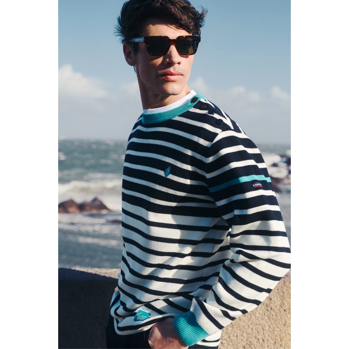 Pull marin - laine et acrylique blanc/ marine deep/ pool b, ARMOR-LUX