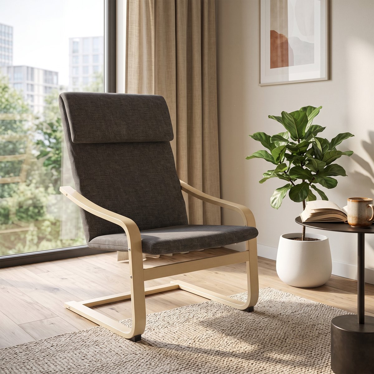Accent Chair Polyester Gris gris foncé, cadre bois naturel, HOMCOM
