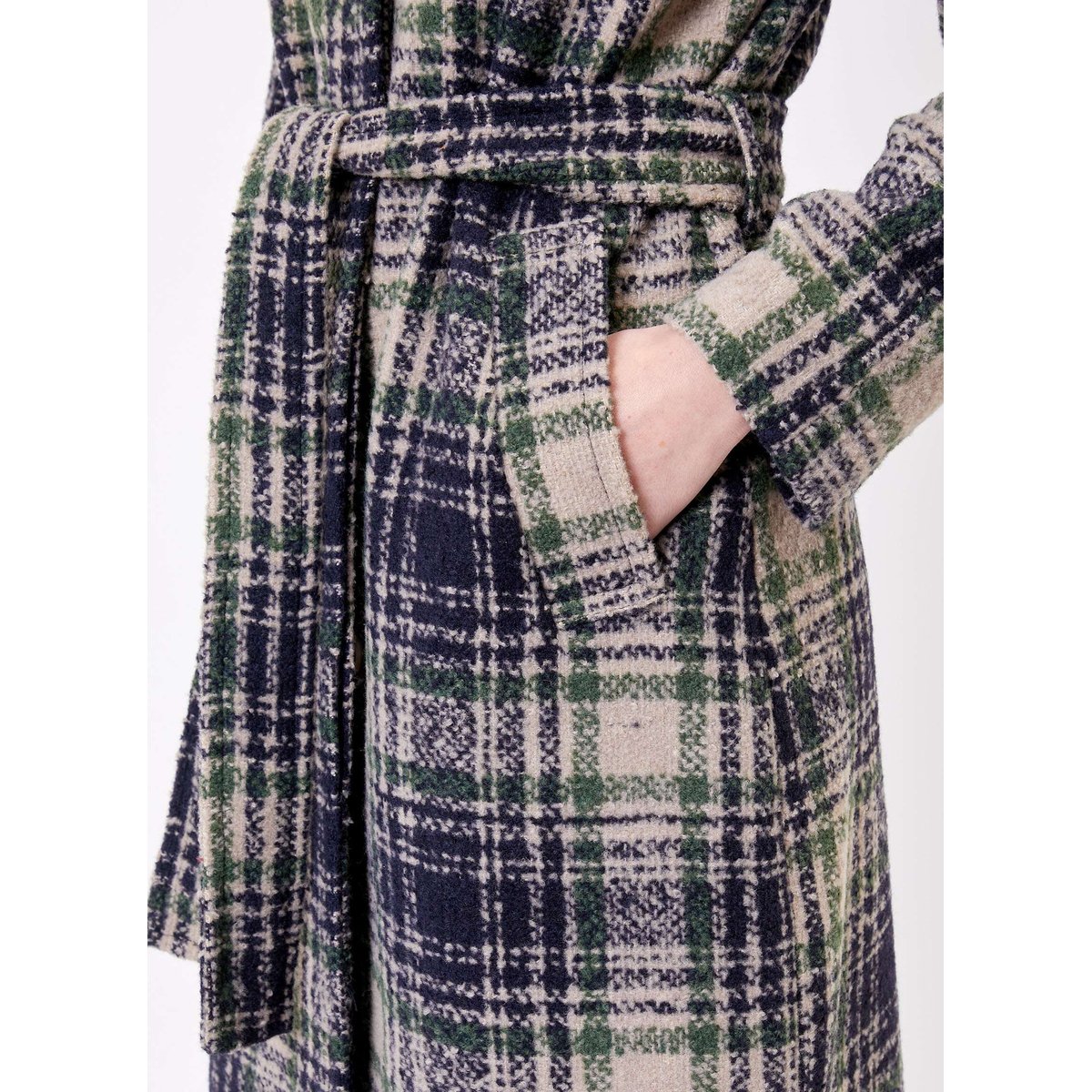 Manteau long en lainage motif BEKA bleu nuit vert, LA FIANCÉE