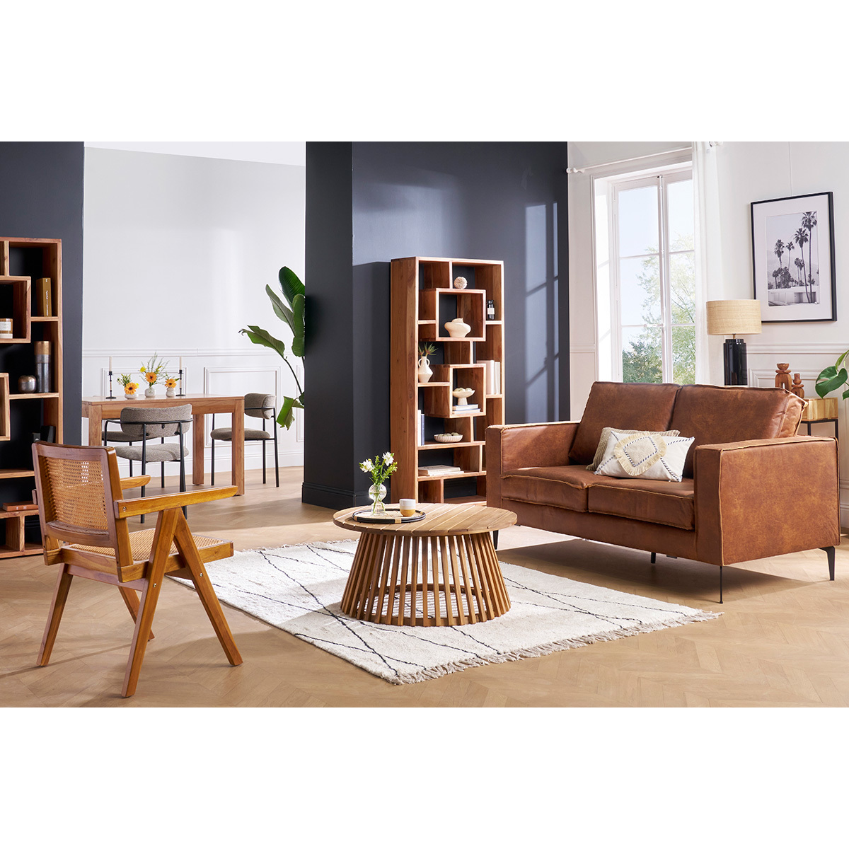 Canapé vintage 2-3 places cuir marron cognac aspect vieilli et métal noir SONNY marron, MILIBOO