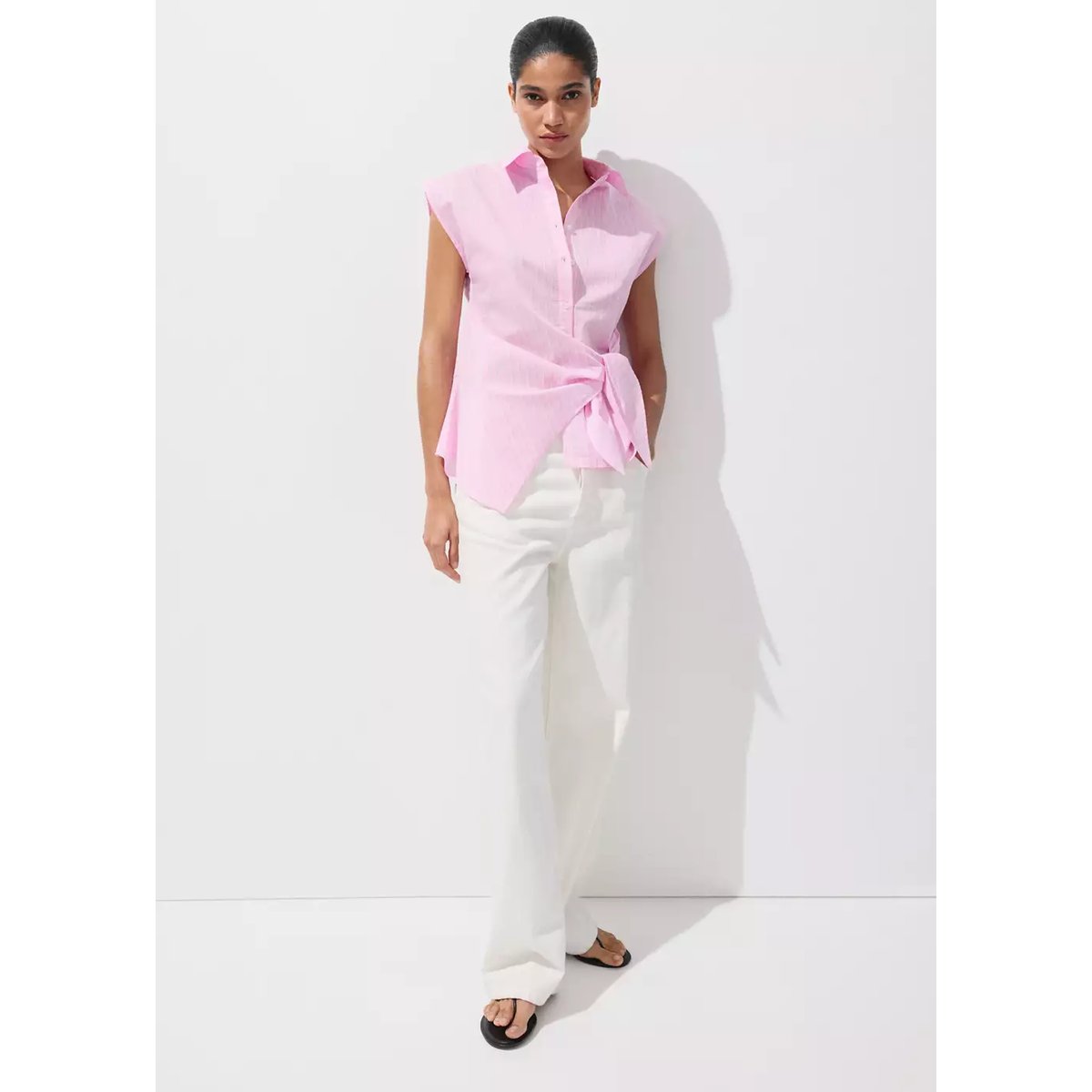 Chemise en coton à rayures avec lien à nouer rose, MANGO