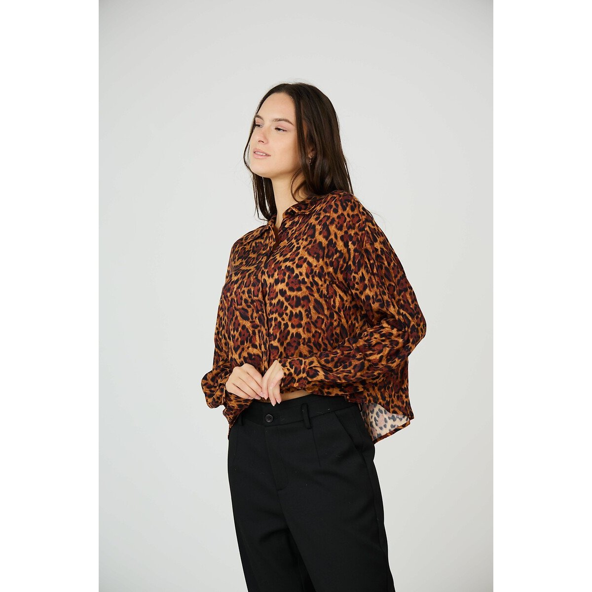 Animal Print V-Neck Blouse brown, SEE U SOON