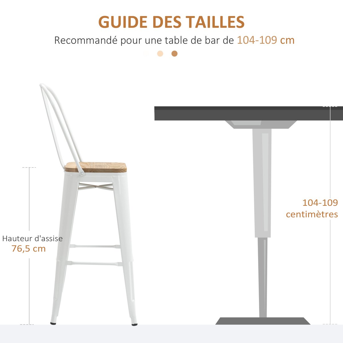 Tabouret de bar Acier Crème blanc, bois clair, HOMCOM