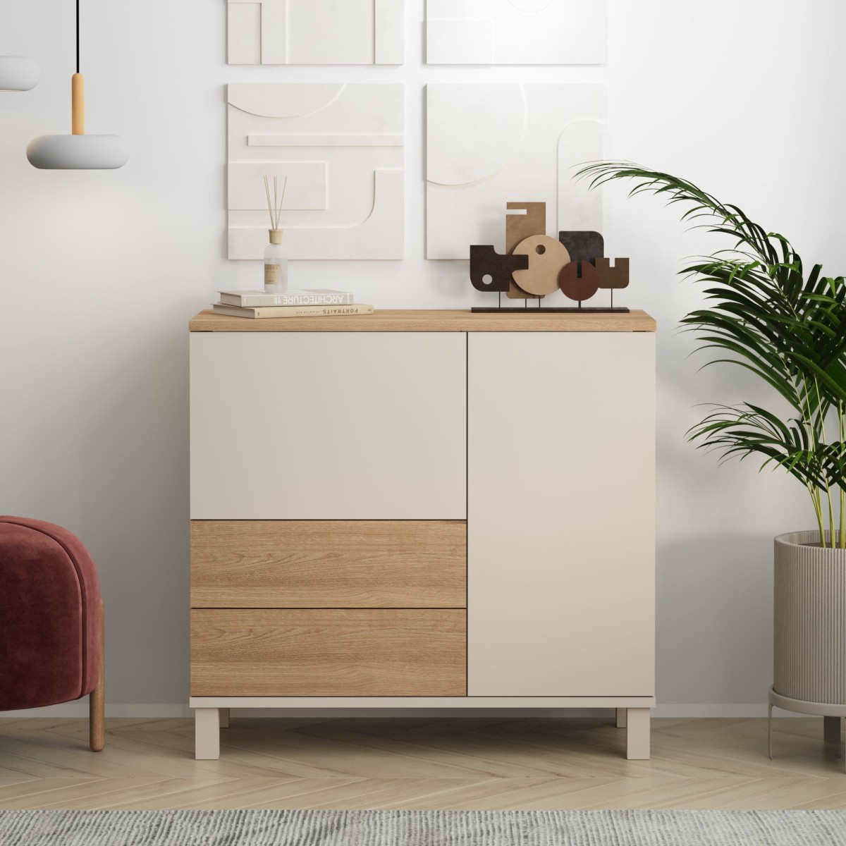 Buffet 2 portes, 2 tiroirs décor KORA beige, CALICOSY
