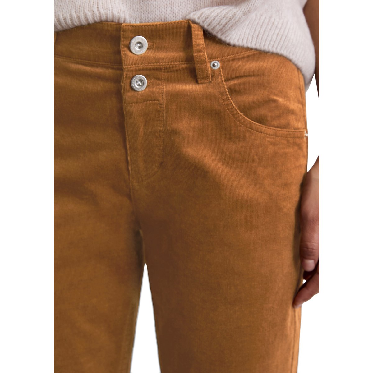 Pantalon à fines côtes modèle Theda boyfriend cropped en coton organique modal stretch marron clair, MARC O'POLO