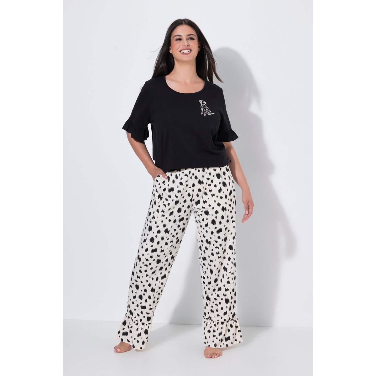 Pyjama motif dalmatien, décolleté rond noir, ULLA POPKEN