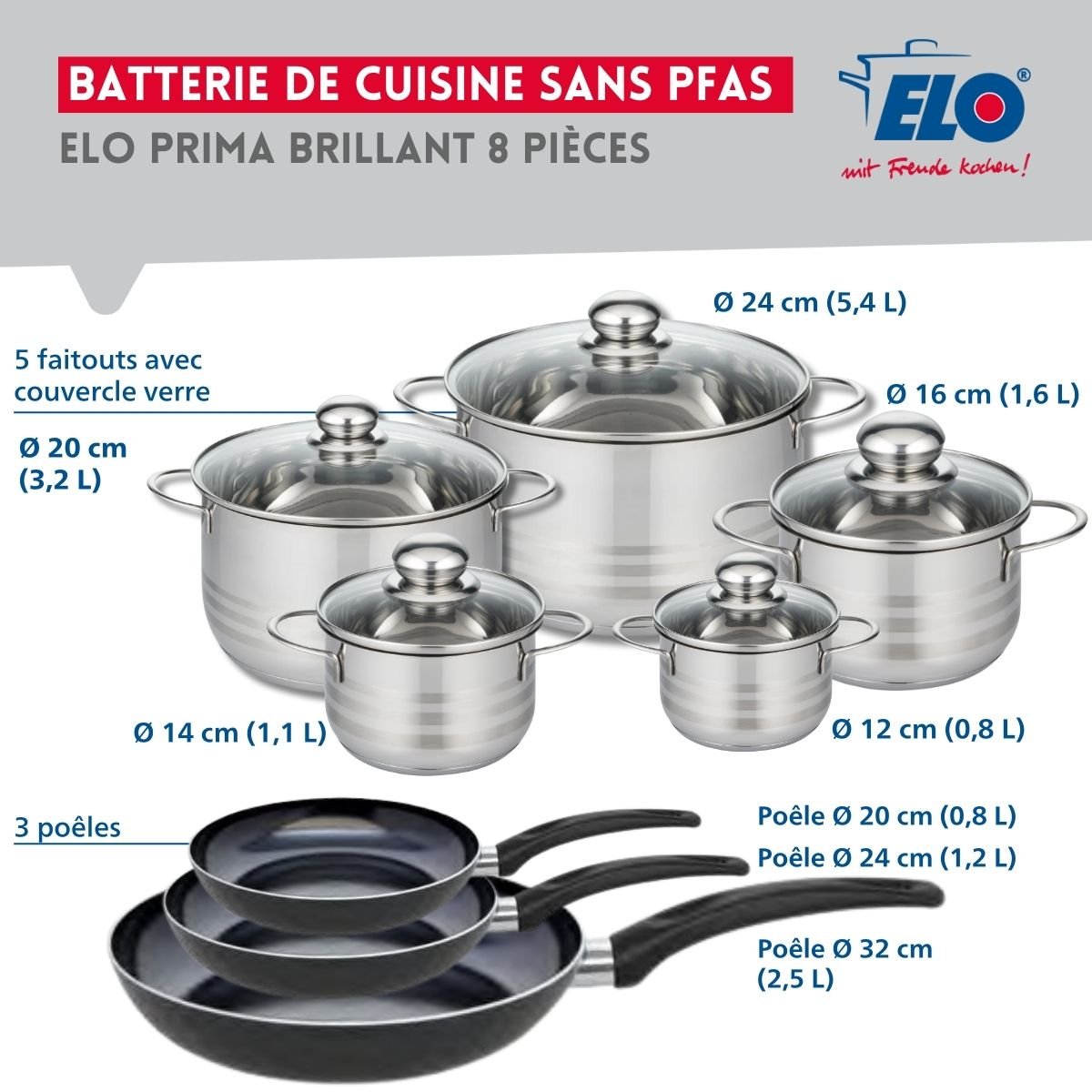 3 poêles 20/24/32cm + 5 faitouts 12/14/16/20/24cm PRIMA BRILLANT noir, ELO