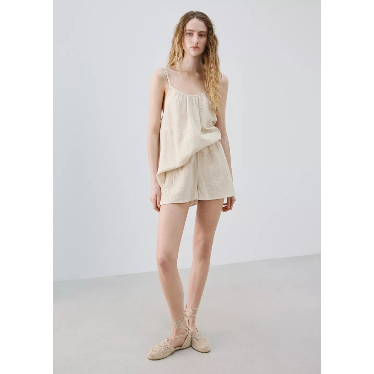 Short de pyjama en coton uni écru, MANGO