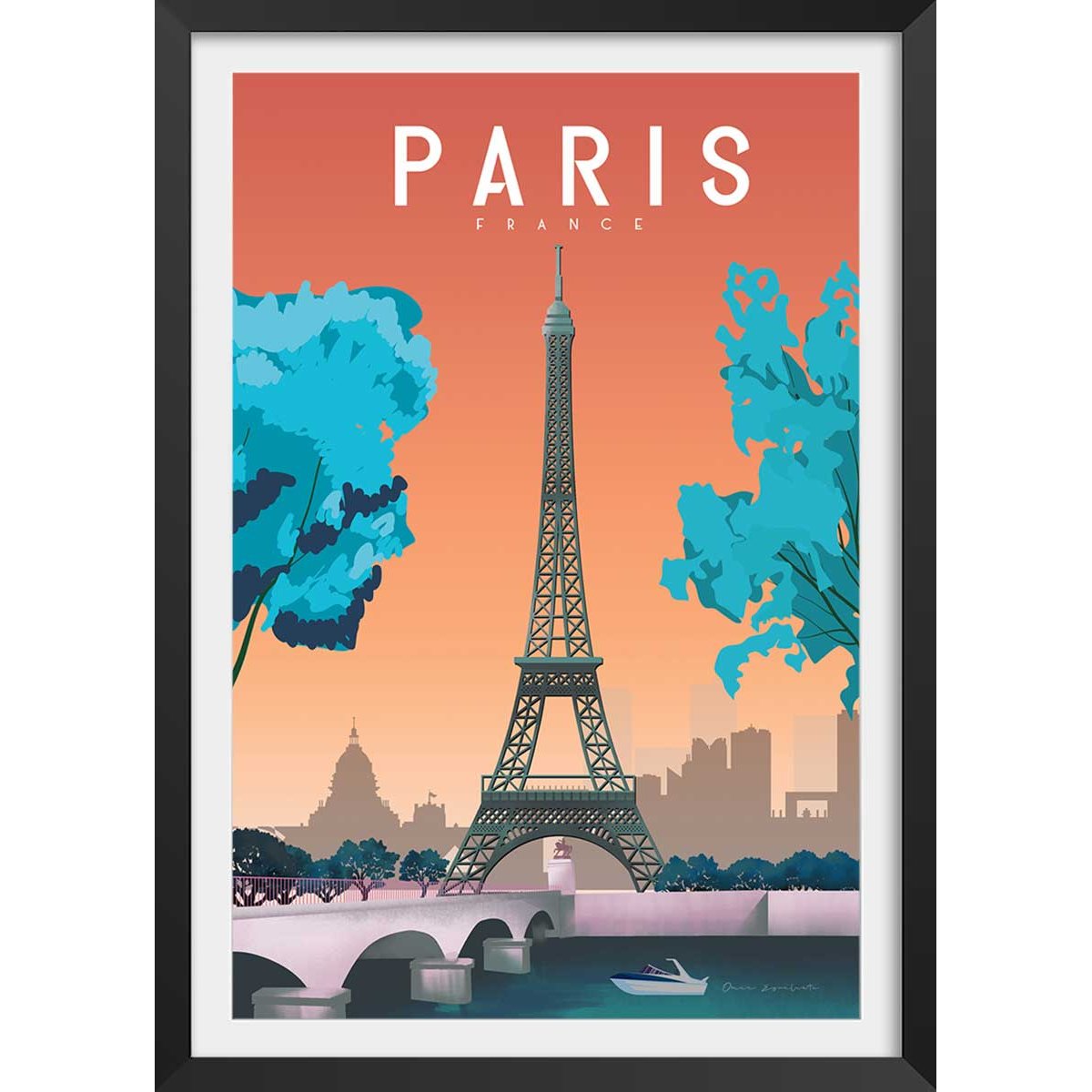 Affiche ville retro Paris France affiche + cadre en bois - noir, HEXOA