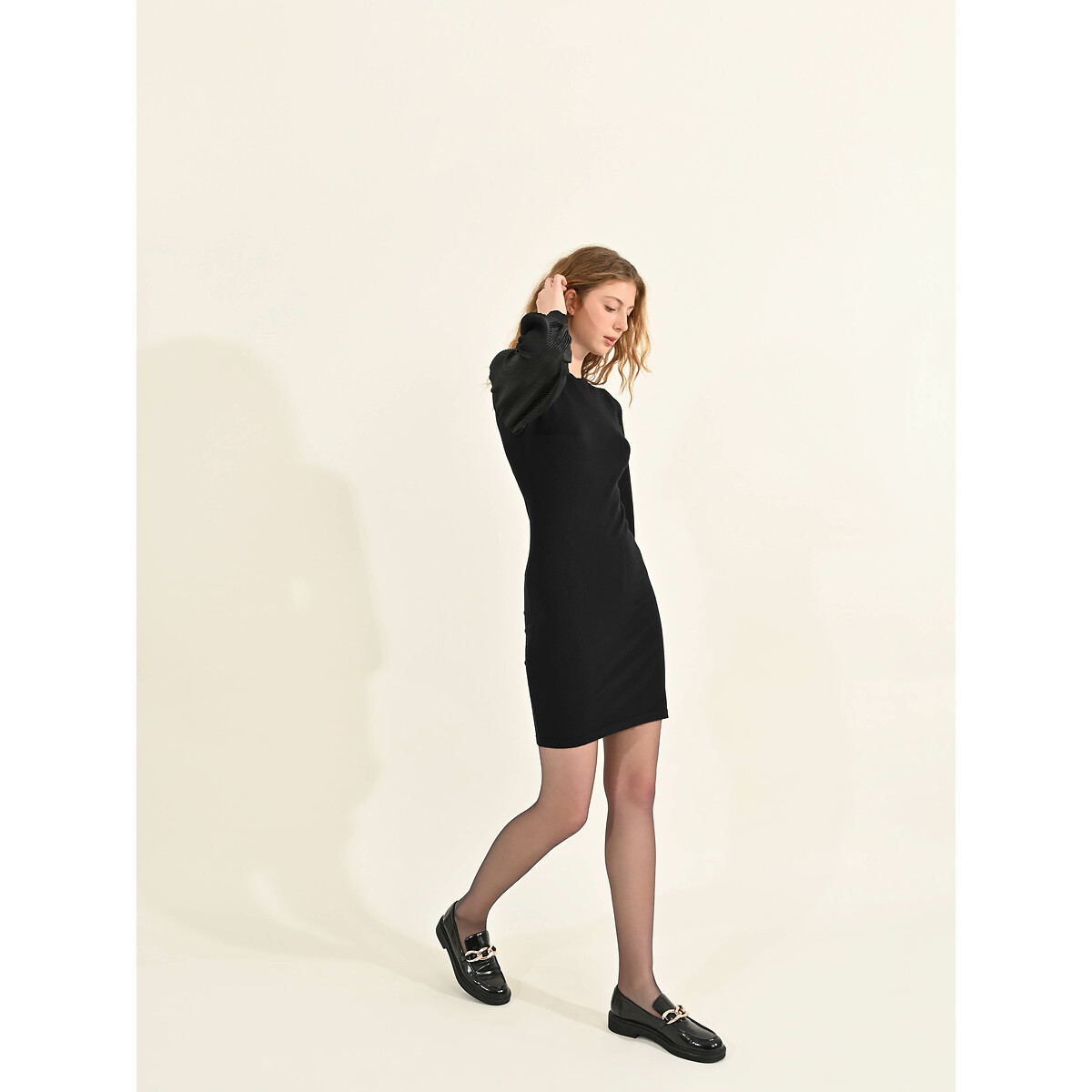 Crew Neck Mini Dress with Long Sleeves black, MOLLY BRACKEN