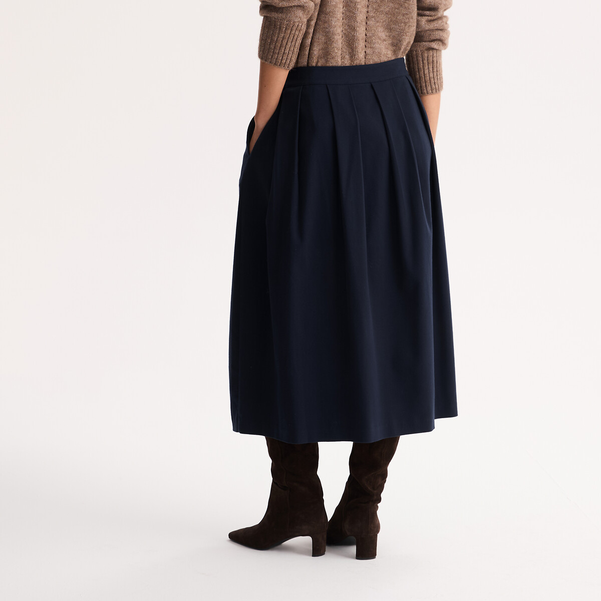 Jupe midi évasée, à plis, effet flanelle bleu marine, ANNE WEYBURN