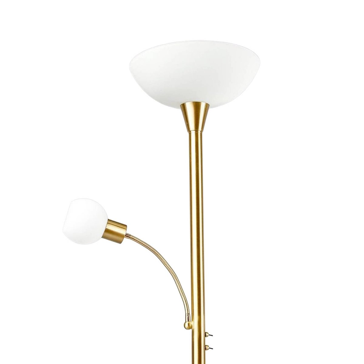 Lampadaire en métal moderne, Elaina laiton, blanc, blanc opale, LINDBY