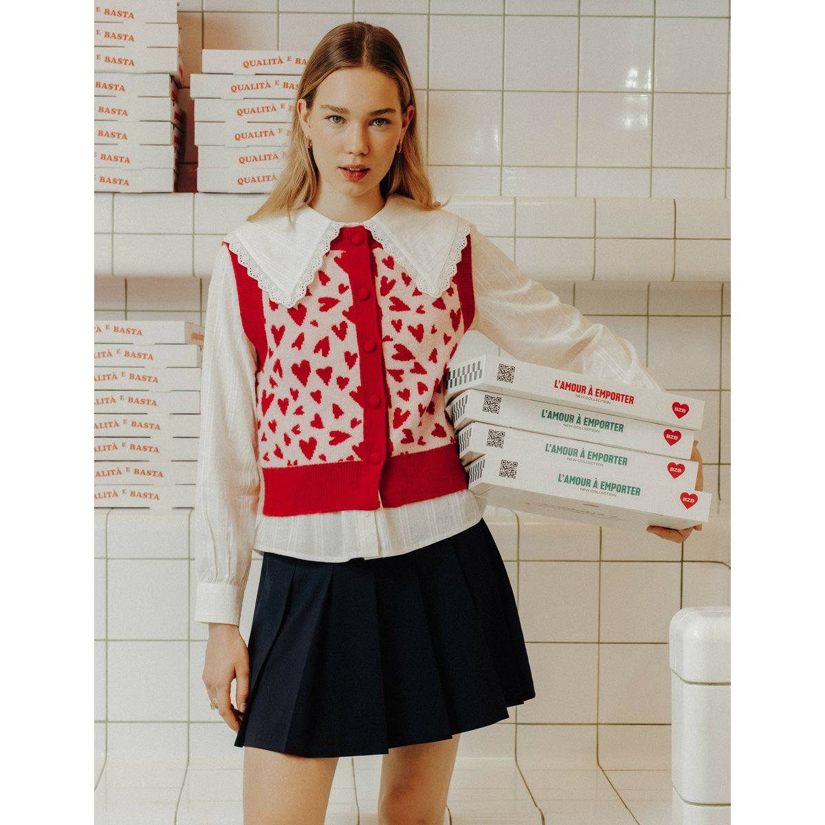 Gilet sans manches motif coeur rose pâle, BZB
