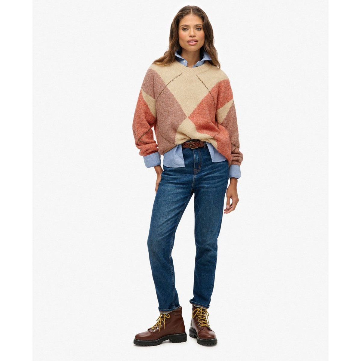 Pull oversize à col V et motif losanges blanc cassé multi, SUPERDRY