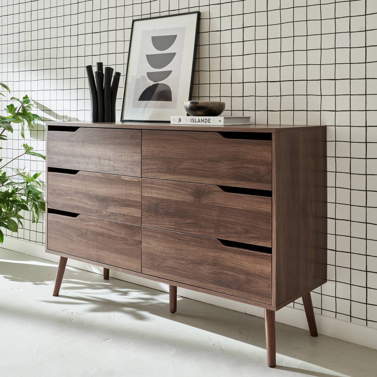 Commode décor bois 6 tiroirs NEPAL noyer, SWEEEK