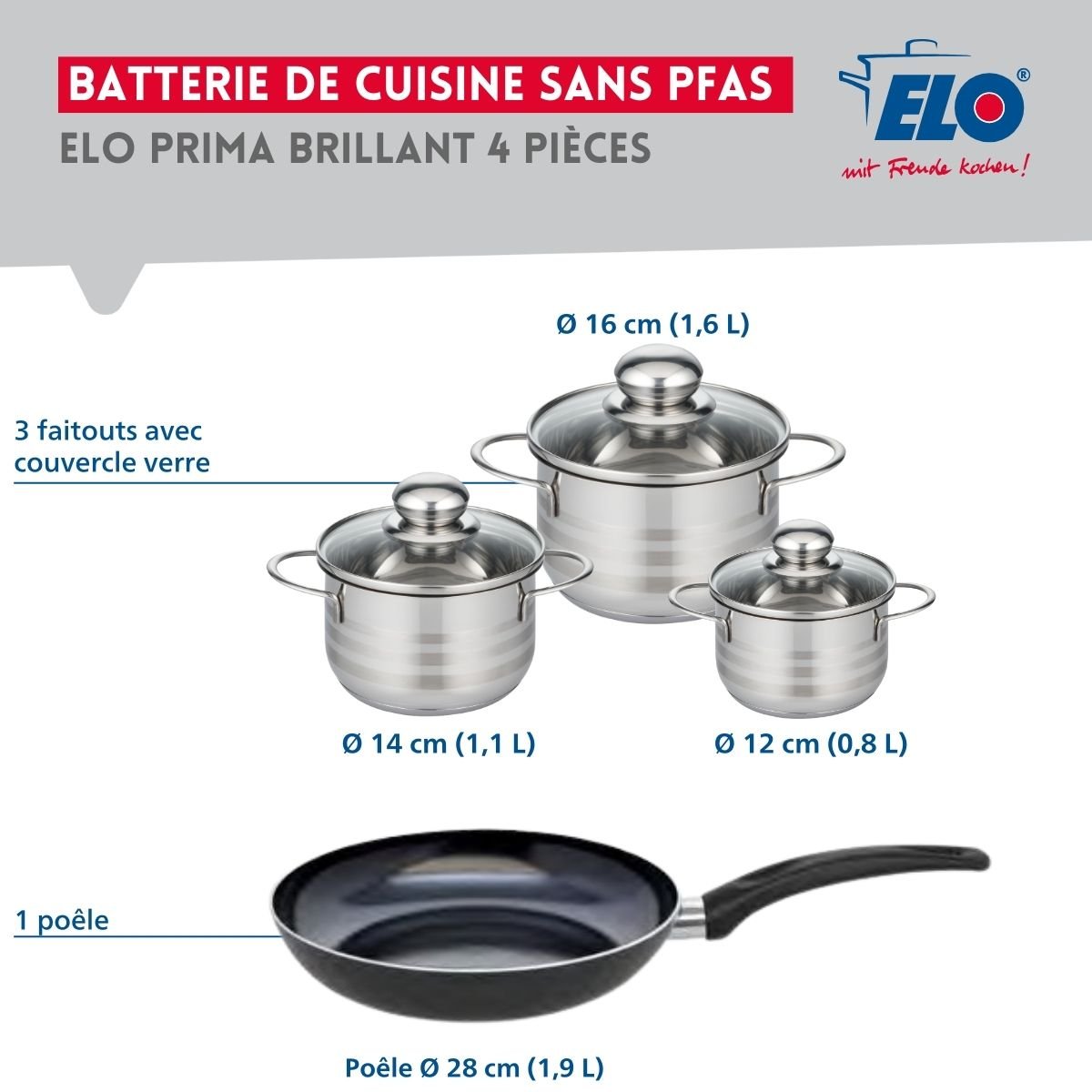Batterie 1 poêle 28cm + 3 faitouts 12/14/16cm PRIMA BRILLANT noir, ELO