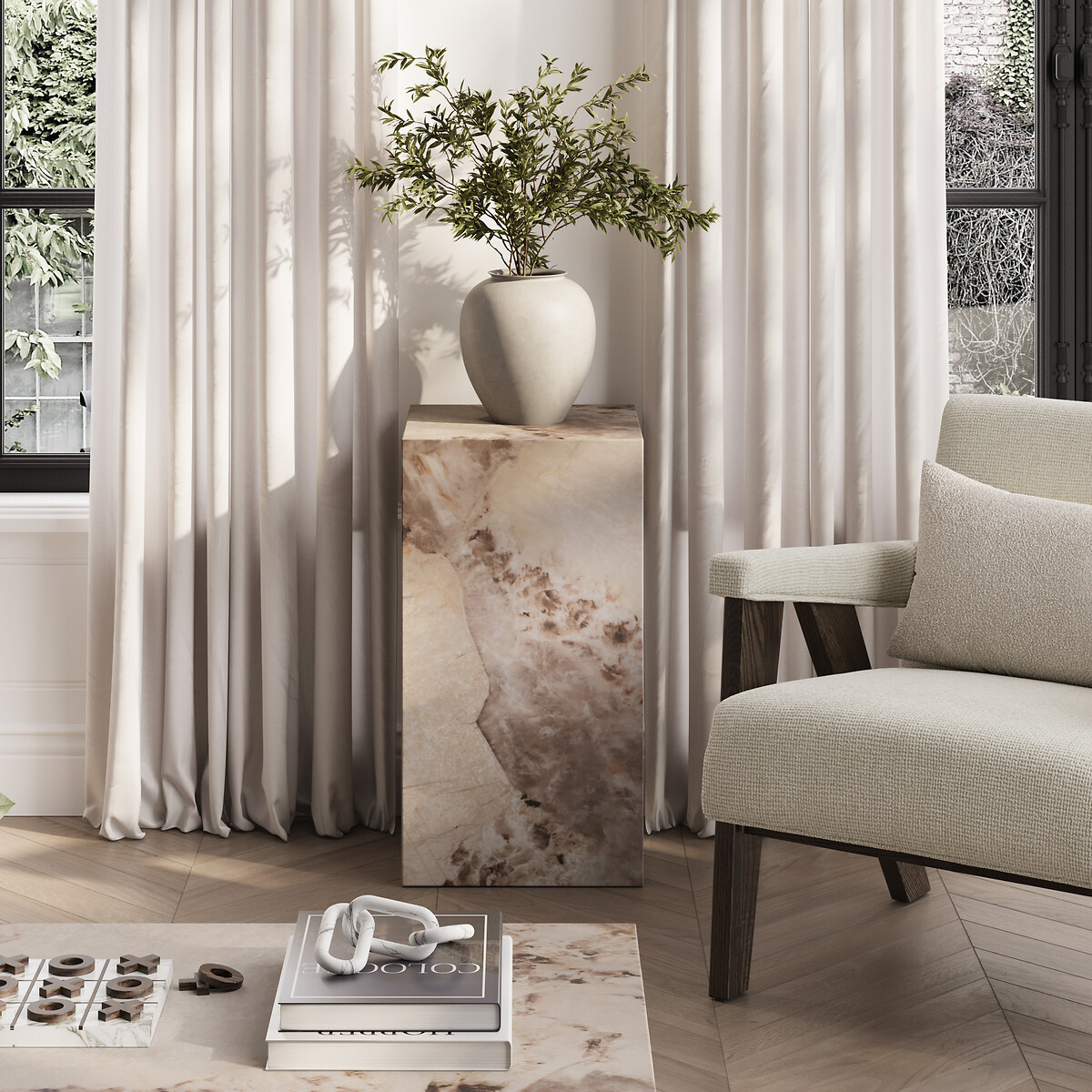 Serafina Pandora Tall Faux Marble Block Side Table marbled beige, ÉDITÉ