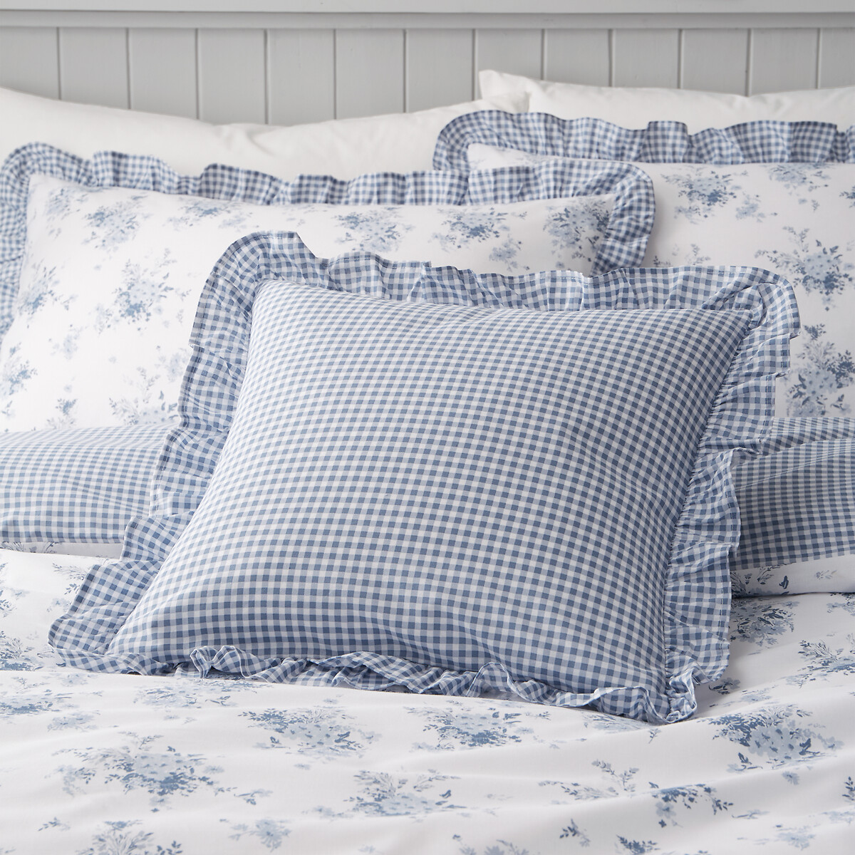 Lucie Floral Frill Fully Reversible Cushion blue, CATHERINE LANSFIELD